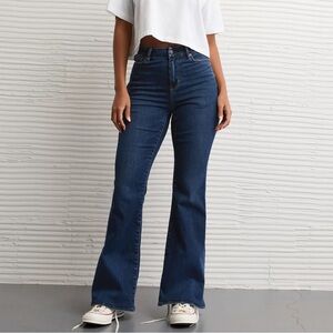 American Eagle Outfitters Super High Waisted Dark Denim Blue Flare Jeans 12 Long